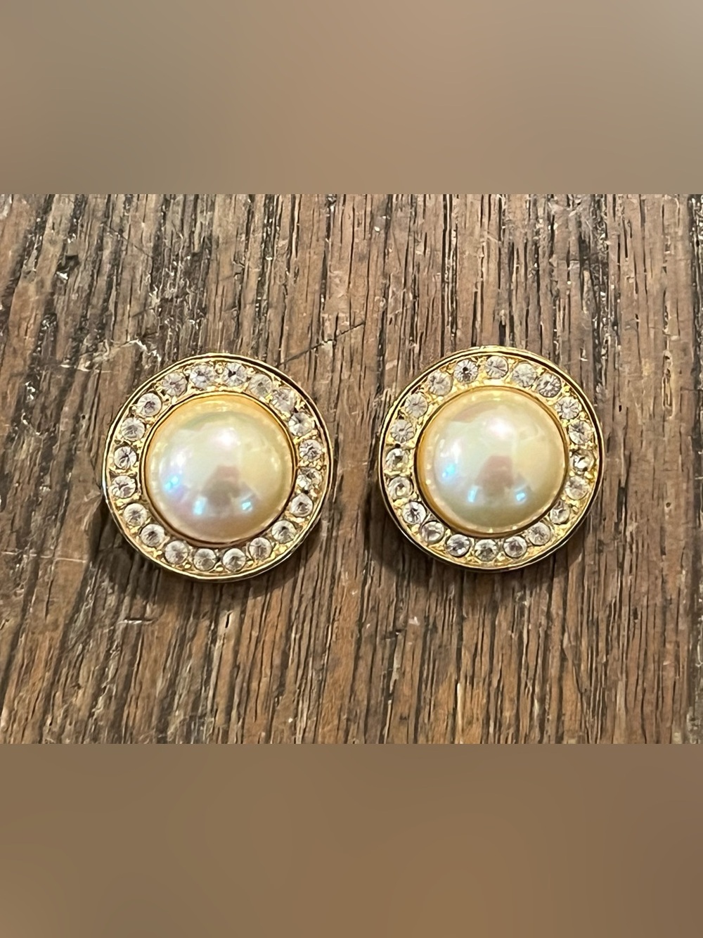 Vintage Signed Roman Faux Pearl & Rhinestone Clip-On Earrings - Gold Tone